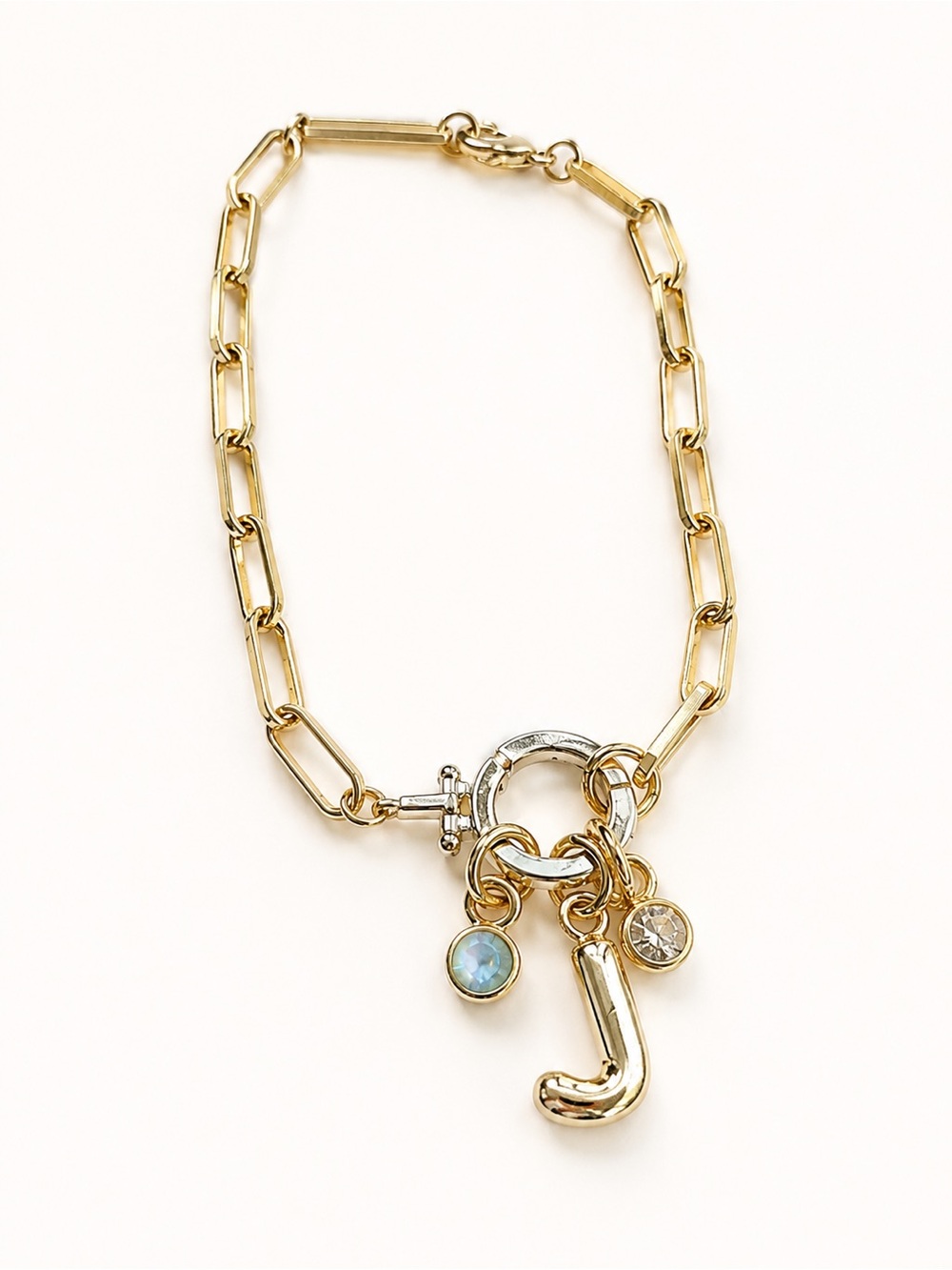Michelle McDowell Gold Tone J Initial Charm Bracelet Rhinestone Opal Crystal